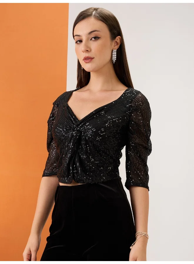 globus Women Black Sweetheart Neck Ruched Sleeves Twisted Detail Sequinned Party Crop Top