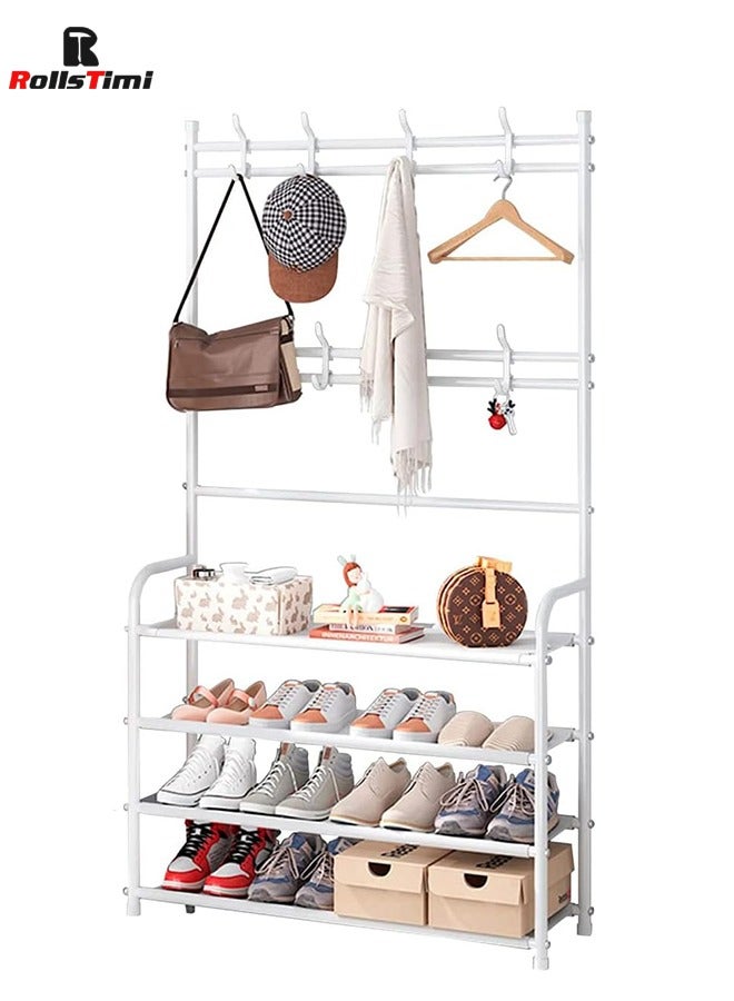 RollsTimi  Entryway Shoe Rack with Coat Rack 5 Tier Shoe Stand Organizer for Bedroom Dorm, White - Image 1