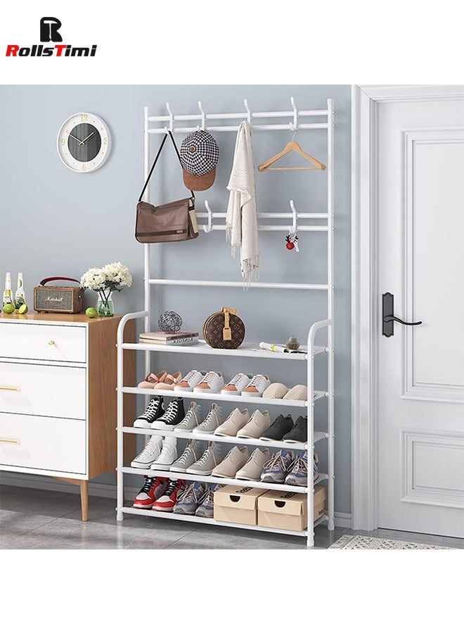RollsTimi  Entryway Shoe Rack with Coat Rack 5 Tier Shoe Stand Organizer for Bedroom Dorm, White - Image 2