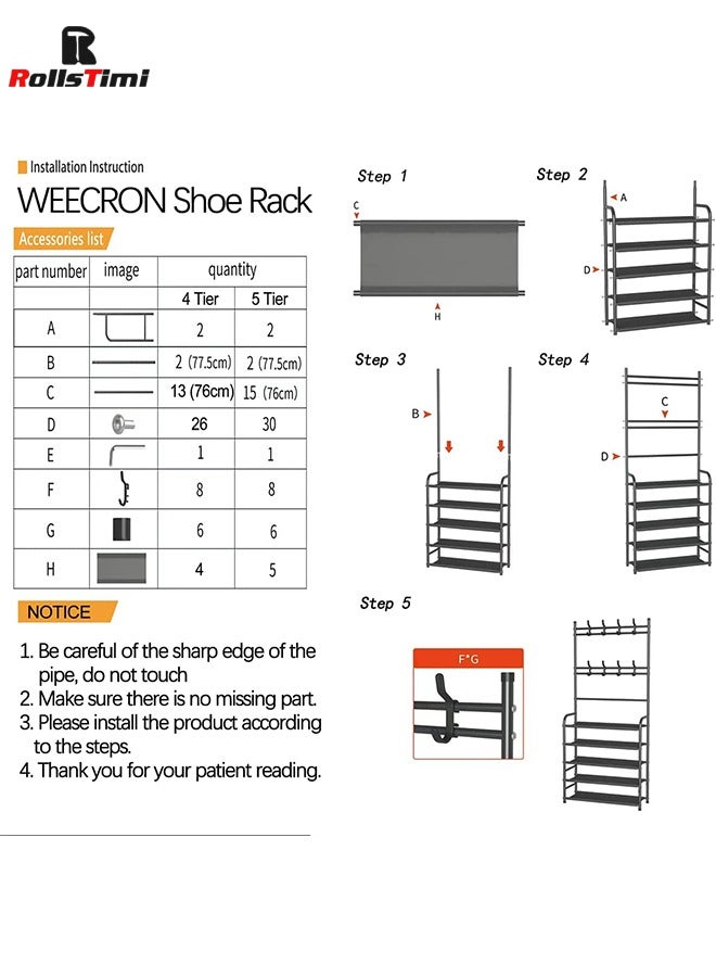 RollsTimi  Entryway Shoe Rack with Coat Rack 5 Tier Shoe Stand Organizer for Bedroom Dorm, White - Image 4