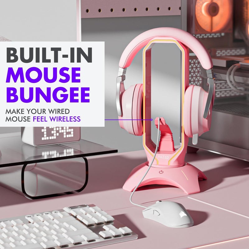 حامل سماعات الألعاب من | حامل سماعات وردي مع RGB وBungee الفأرة ومحور USB | حامل سماعات لطيف لإكسسوارات فتاة الألعاب - Image 5