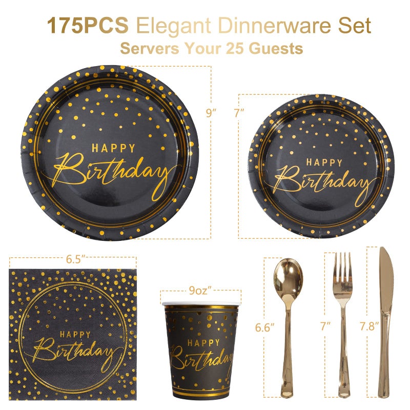 Tyzarglef 175PCS Happy Birthday Disposable Dinnerware Set Party Supplies, Paper Black Gold Plates and Napkins with Gold Plastic Forks Knives Spoons Serve 25 Guests for Birthday Party Decoration - Image 2