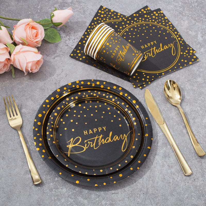Tyzarglef 175PCS Happy Birthday Disposable Dinnerware Set Party Supplies, Paper Black Gold Plates and Napkins with Gold Plastic Forks Knives Spoons Serve 25 Guests for Birthday Party Decoration - Image 3