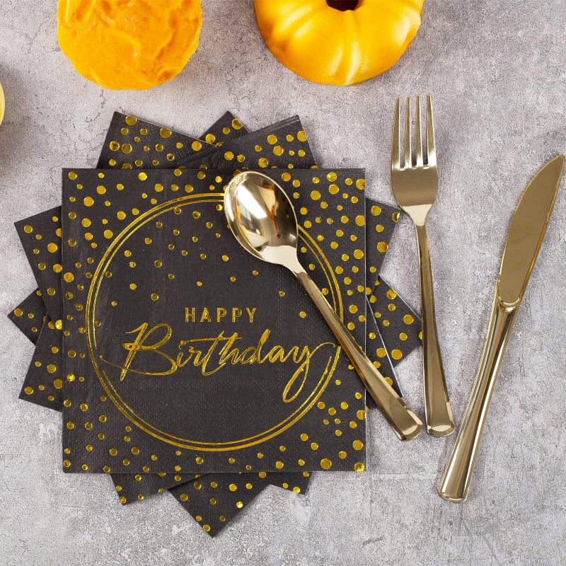 Tyzarglef 175PCS Happy Birthday Disposable Dinnerware Set Party Supplies, Paper Black Gold Plates and Napkins with Gold Plastic Forks Knives Spoons Serve 25 Guests for Birthday Party Decoration - Image 4