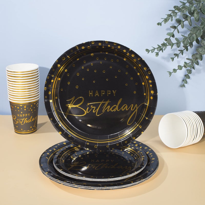 Tyzarglef 175PCS Happy Birthday Disposable Dinnerware Set Party Supplies, Paper Black Gold Plates and Napkins with Gold Plastic Forks Knives Spoons Serve 25 Guests for Birthday Party Decoration - Image 5