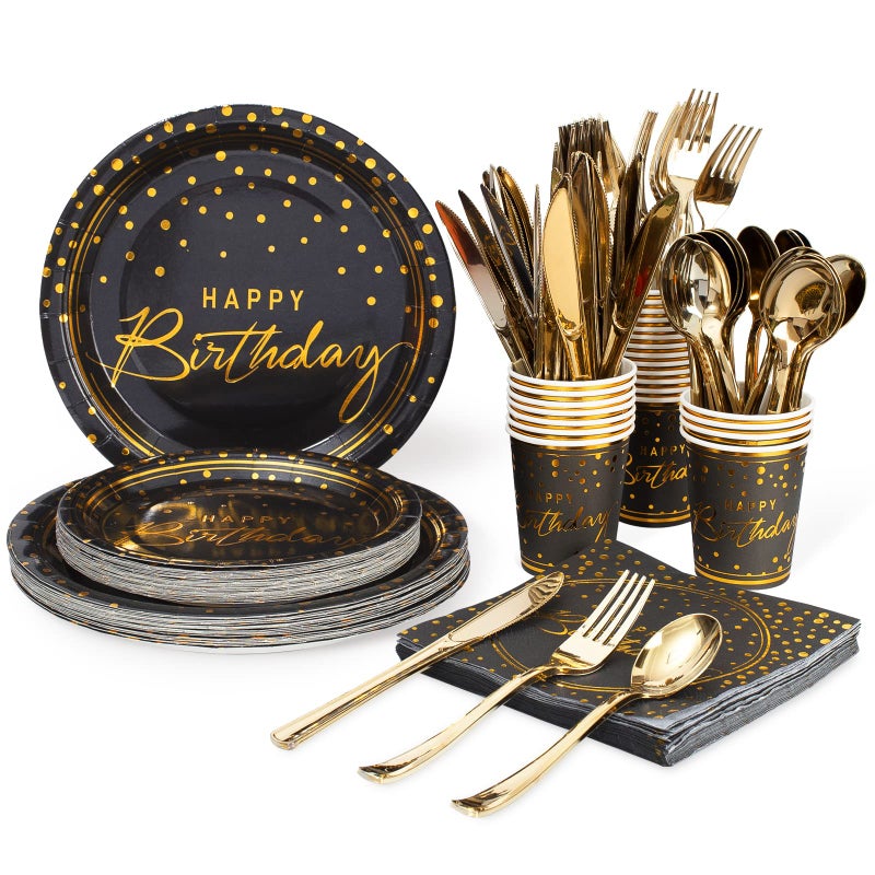 Tyzarglef 175PCS Happy Birthday Disposable Dinnerware Set Party Supplies, Paper Black Gold Plates and Napkins with Gold Plastic Forks Knives Spoons Serve 25 Guests for Birthday Party Decoration - Image 1