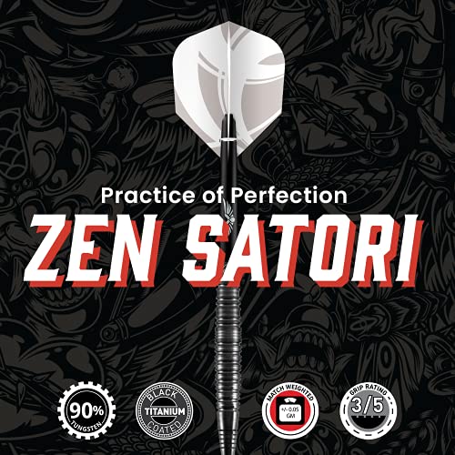 Shot سهام دارتس حديدية، زين ساتوري (22غ/ 24غ/ 25غ)، براميل من التنجستن بنسبة 90%، متوازنة في المنتصف لتحقيق أقصى ديناميكية هوائية، مجموعة دارت احترافية مصنوعة يدويًا ورحلات مصنوعة في نيوزيلندا، دارتس برأس معدني. - Image 2