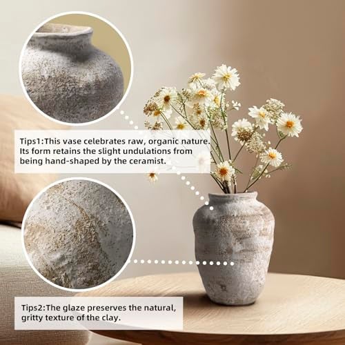 DIF DECO Ceramic Farmhouse Vase Rustic Decor,Pottery Decorative Flower Vases for Home Decor,Boho Vase for Table, Living Room,Bathroom,Shelf,Mantel Decoration,7.7 inch - Image 4