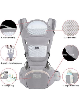 Beauenty Multifunction Baby Strap Waist Stool Hip Seat Baby Carrier, Suitable For 0-36 Months Baby,6 in 1 Carrying Mode,Adjustable Size, Very Suitable For Hiking Shopping Trip (Grey) - view 3