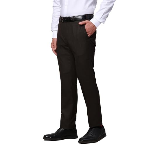Raymond Men's Slim Fit Poly Viscose Blend Structure Pattern Dark Brown Flat Front Formal Trouser - Image 3