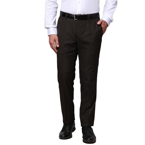 Raymond Men's Slim Fit Poly Viscose Blend Structure Pattern Dark Brown Flat Front Formal Trouser - Image 1
