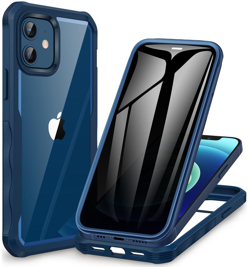 CENHUFO Privacy for iPhone 12 Case/iPhone 12 Pro Case, Full Body Phone Case with Built-in 9H Tempered Glass Privacy Screen Protector and Camera Lens Protector, Shockproof Bumper Clear Cover -Blue - Image 1