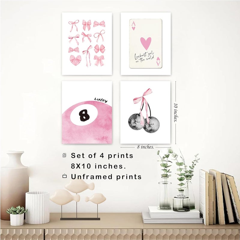 Okaxscm Pink Coquette Trendy Preppy Wall Art Prints Set of 4, Room Decor Aesthetic, Pink Bow Disco Ball Cherry Posters for Girls Bedroom Dorm, 8x10 Unframed - Image 3