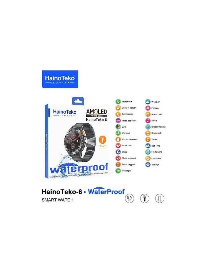 HT-6  waterproof, AMOLED smart watch with Torch and 3 Pairs Strap - Black