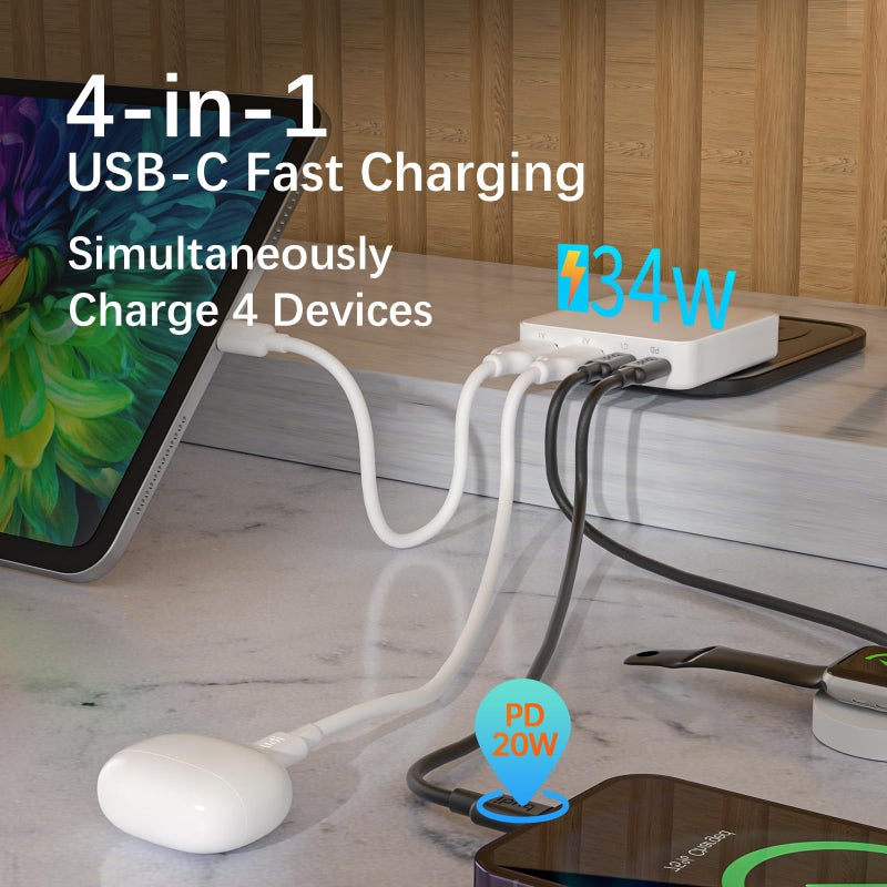 BUDI Flat USB C Wall Charger, 34W 4-Port USB Charger Block, Fast Charging Block with 20W Port Power Delivery and Dual Type-C for iPhone 16/15/14/13/12/11/Pro Max/XS/XR/8/7,Tablets - Image 2