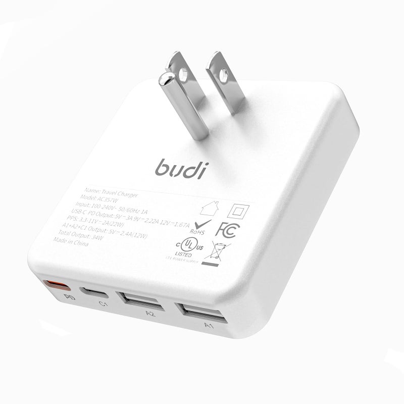 BUDI Flat USB C Wall Charger, 34W 4-Port USB Charger Block, Fast Charging Block with 20W Port Power Delivery and Dual Type-C for iPhone 16/15/14/13/12/11/Pro Max/XS/XR/8/7,Tablets - Image 1