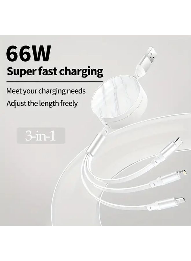 White 66W 3 in 1 Fast Charging Cable Telescopic Multi Function for Phones - Image 1