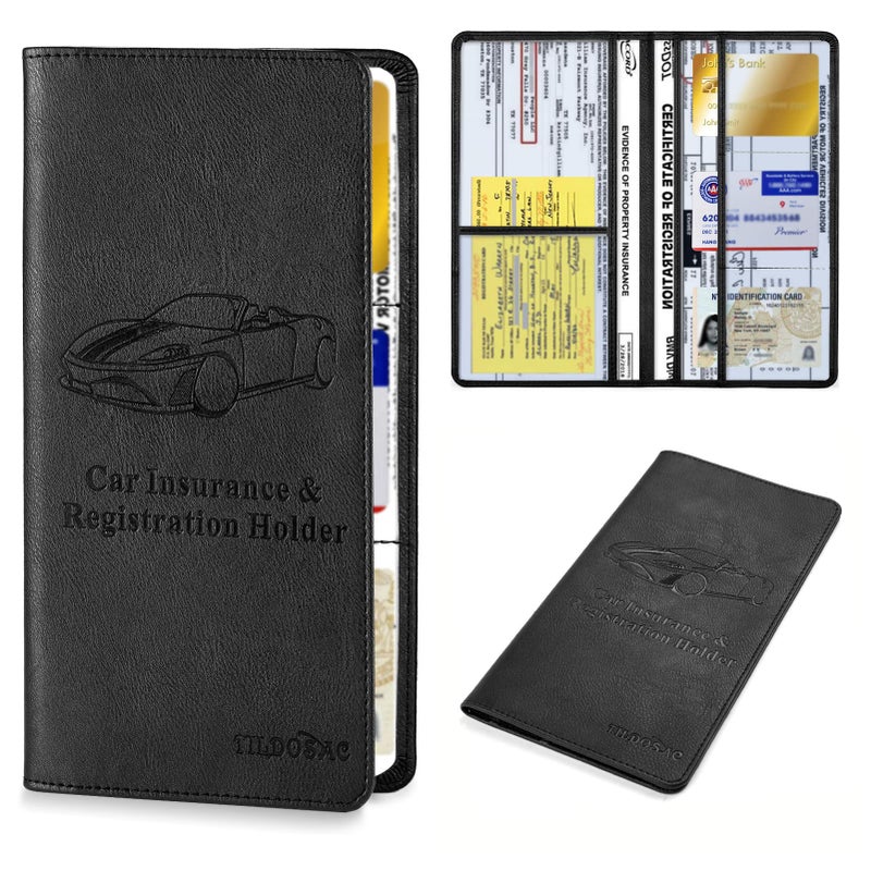 TILDOSAC Leather Car Registration and Insurance Card Holder, Car Document Holder for Cards License with Magnetic Shut (Black, large) - Image 1