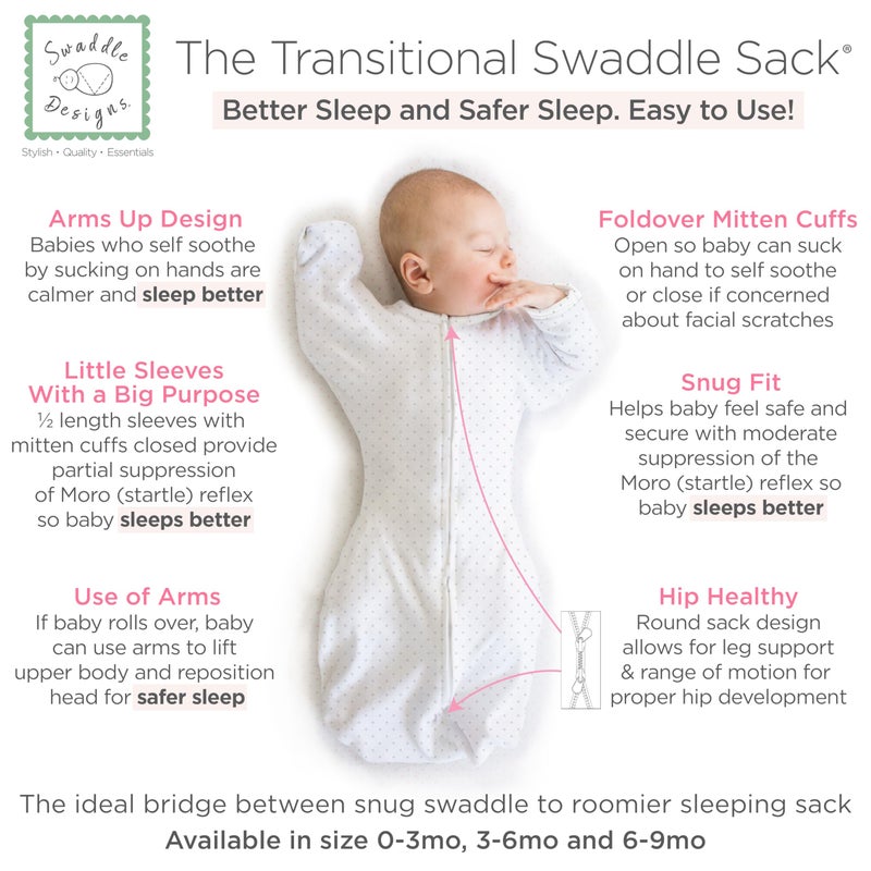 SwaddleDesigns Transitional Swaddle Sack, Arms Up Half-Length Sleeves & Mitten Cuffs, Swaddle for Newborn Transition to Baby Sleep Sack Wearable Blanket, Small, 0-3 Month, 6-14 lb, Sterling Dots - Image 2