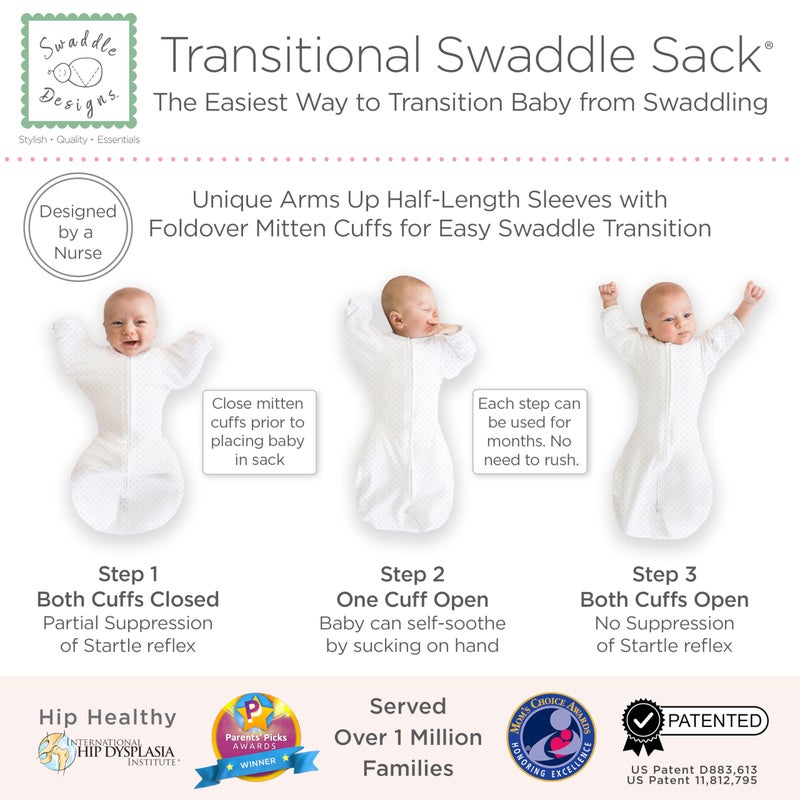 SwaddleDesigns Transitional Swaddle Sack, Arms Up Half-Length Sleeves & Mitten Cuffs, Swaddle for Newborn Transition to Baby Sleep Sack Wearable Blanket, Small, 0-3 Month, 6-14 lb, Sterling Dots - Image 3