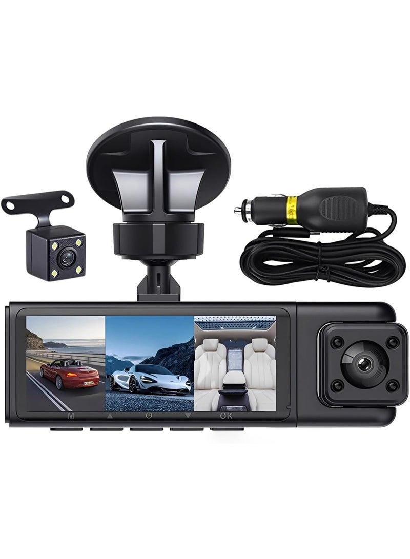 Dash Cam 3 Channel with Rear Camera, Front Inside Rear View, Night Vision, Wide Angle Lens, Car DVR Recorder - Image 1