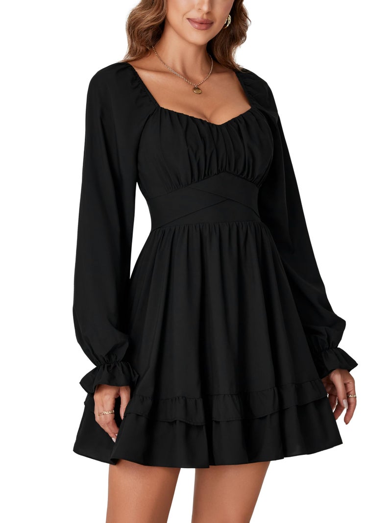 KIFOVEN Women's Lantern Long Sleeve Smocked Wrap Tiered Ruffle Flowy A Line Short Mini Dress Black Large - Image 4