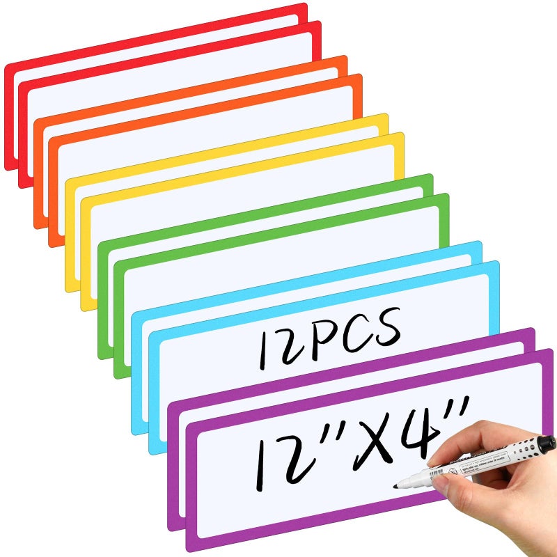 Janlaugh 12 Pcs Large Magnetic Dry Erase Labels for Classroom, 12 x 4 Inch Rectangle Magnetic Name Plates Label Flexible Magnet Stickers for Whiteboards Refrigerator(White Background+Border,Style 2) - Image 1