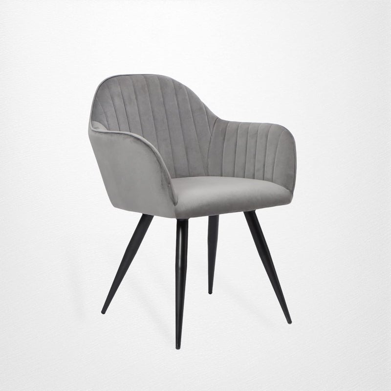 Finch Fox Finch Fox Ambar Unique Velvet Armchair with Armrest Backrest Upholstered Seat Dining Living Room Chair with Black Metal Powdered Coated Base in Light Grey Velvet Color