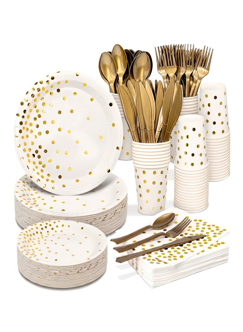 ZERIFAM Party Supplies Dinnerware Set, 160 PCS Paper Plates and Napkins Party Supplies, White and Gold Disposable Plates for 24 Guests, Golden Dot Party Plates, Napkins, Cups and Utensils Set for Birthday Wedding Graduation Party Decor - Image 1