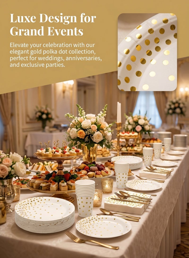 ZERIFAM Party Supplies Dinnerware Set, 160 PCS Paper Plates and Napkins Party Supplies, White and Gold Disposable Plates for 24 Guests, Golden Dot Party Plates, Napkins, Cups and Utensils Set for Birthday Wedding Graduation Party Decor - Image 4