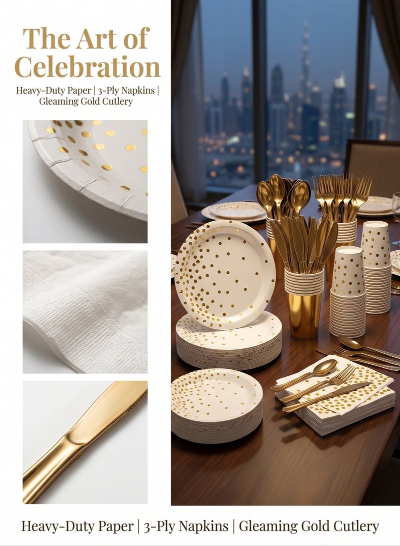 ZERIFAM Party Supplies Dinnerware Set, 160 PCS Paper Plates and Napkins Party Supplies, White and Gold Disposable Plates for 24 Guests, Golden Dot Party Plates, Napkins, Cups and Utensils Set for Birthday Wedding Graduation Party Decor - Image 2