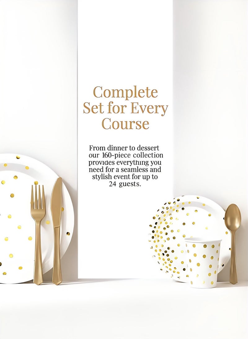 ZERIFAM Party Supplies Dinnerware Set, 160 PCS Paper Plates and Napkins Party Supplies, White and Gold Disposable Plates for 24 Guests, Golden Dot Party Plates, Napkins, Cups and Utensils Set for Birthday Wedding Graduation Party Decor - Image 5