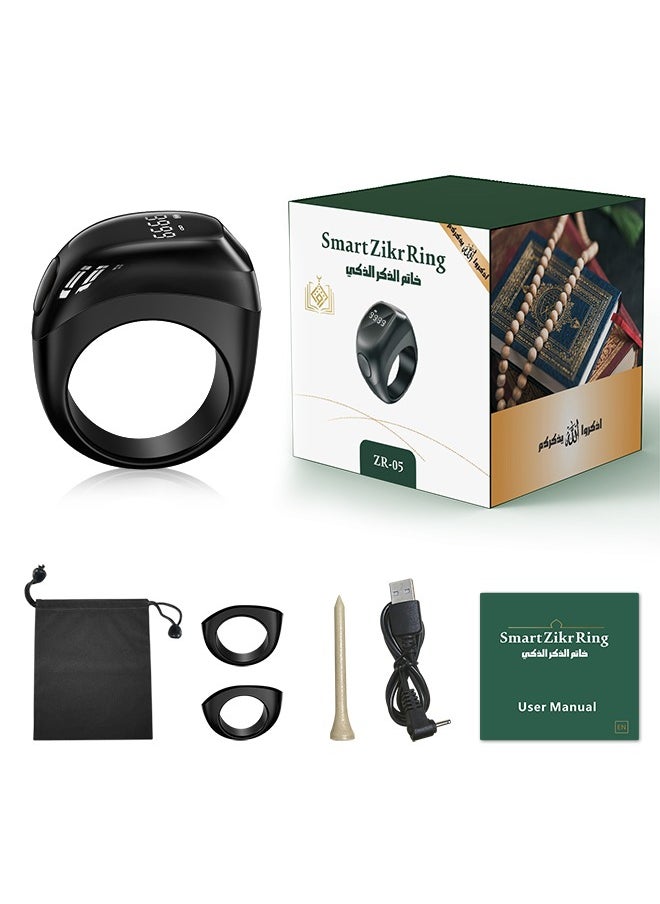 2025 New Zikr Smart Ring OLED Display Tasbih Counter with Include 3 Compatible Sizes(18mm/ 20mm/ 22mm) 5 Prayer Reminder, 3 Tasbih Reminder, BT Connectivity Black