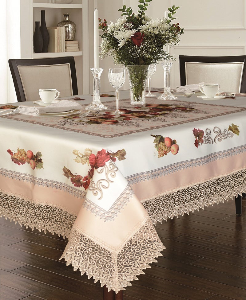 Violet Linen Decorative Printed Fruttela Tablecloth with Lace Trimming, Ivory - 70" X 120" - Image 2