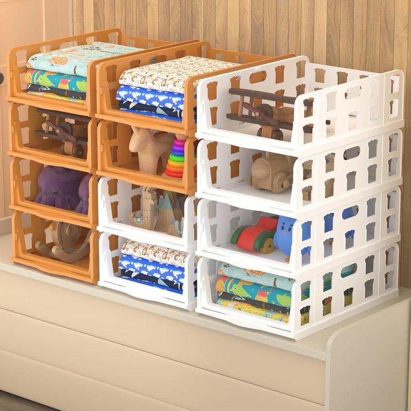 Kuber Industries Kuber Industries 12 Pcs 13x11 IN Foldable Stackable Plastic Wardrobe Organizer for Storage Clothes Alimrah Organizer Wardrobe Ideal Shelf Organiser for Innerwear Shirt Socks White Brown - Image 1