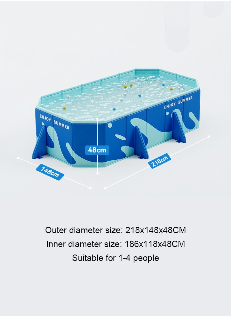 218x148x48CM Non-Inflatable Foldable Swimming Pool for Family Kids, Rectangular Sturdy and Durable Swimming Pool for Summer Outdoor Pool Fun, Suitable for 1-4 People