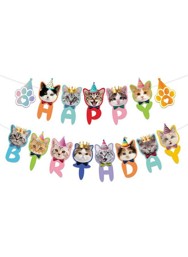 TSJ Happy Birthday Cat Birthday Banner Cat Face Party Banner Kitty Cat Theme Party Bunting Decoration For Cat Adoption Birthday Party Favors - Image 1