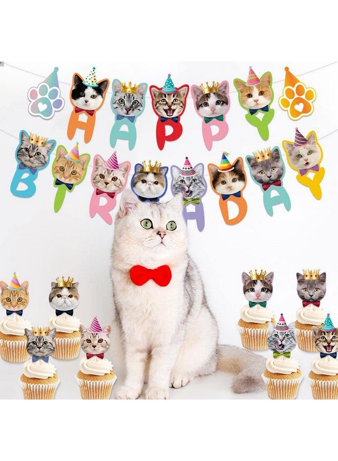 TSJ Happy Birthday Cat Birthday Banner Cat Face Party Banner Kitty Cat Theme Party Bunting Decoration For Cat Adoption Birthday Party Favors - Image 2