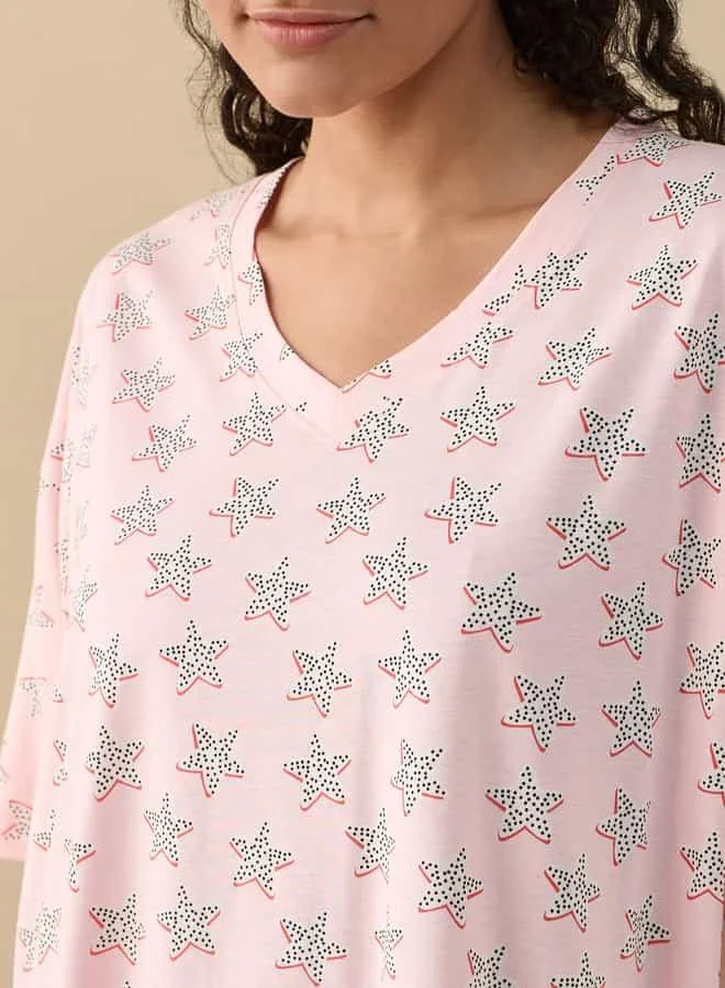 Splash FAV Printed Sleepshirt with V-neck and Short Sleeves