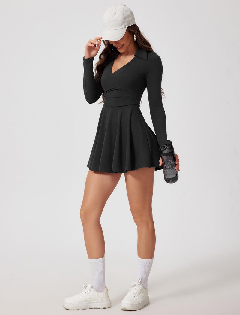 ABOCIW Athletic Dress for Women Collar V Neck Ruched Waist Long Sleeve Tennis Dress with Shorts Workout Golf Active Exercise Dresses with Pocket Black S - Image 5