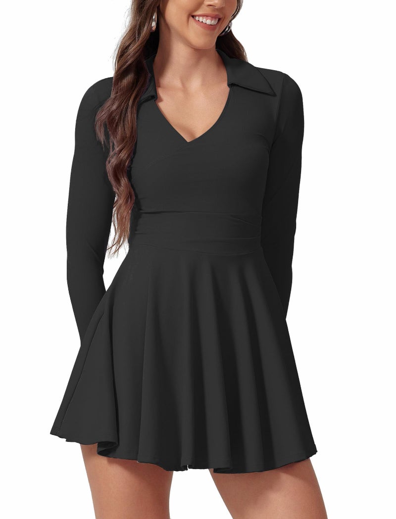 ABOCIW Athletic Dress for Women Collar V Neck Ruched Waist Long Sleeve Tennis Dress with Shorts Workout Golf Active Exercise Dresses with Pocket Black S - Image 1