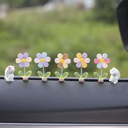 Kurilai 7pcs Cute Car Rearview Mirror Accessories Funny Bunny Car Ornament Shaking Spring Sunflower Dashboard Decorations Interior Decor Christmas Valentines Day Gifts for Men Women - Image 1