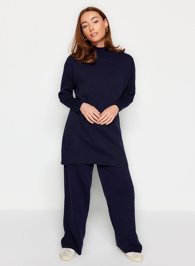 trendyol Dark Navy Blue Slit Wide Leg Knitwear Two Piece Set TCTAW24US00028 - Image 2