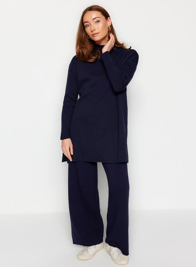 trendyol Dark Navy Blue Slit Wide Leg Knitwear Two Piece Set TCTAW24US00028 - Image 1