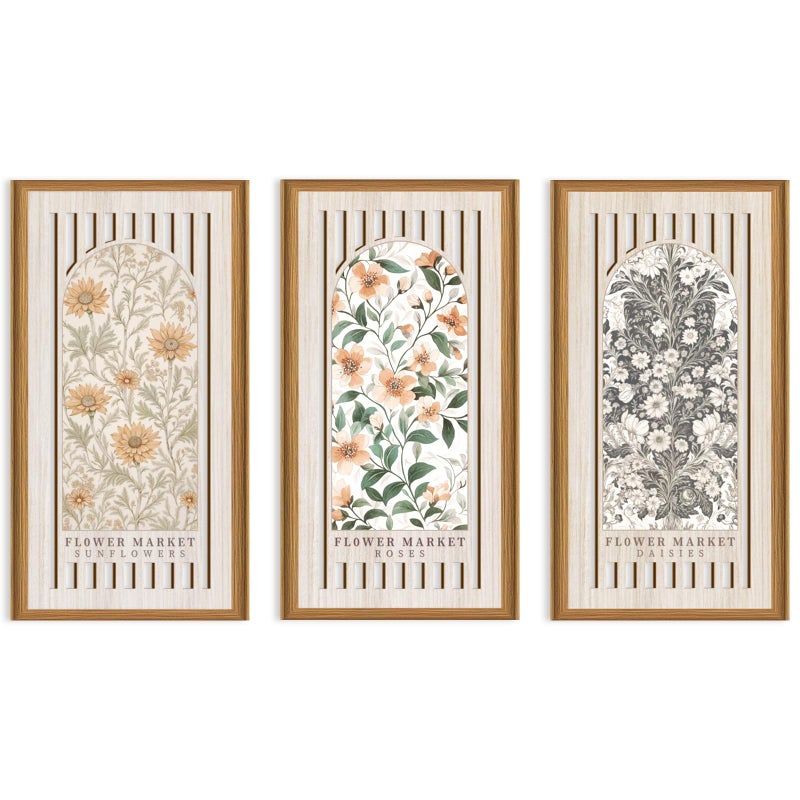 Ausril 3 Pcs Boho Flower Market Wall Decor Floral Botanical Modern Wood Wall Art Bohemian Floral Hanging Decor Abstract Minimalist Wooden Art for Living Room Bedroom Office 7.9 x15.8 Inch - Image 1
