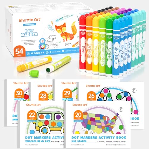 Shuttle Art 48 Pack Washable Dot Markers 12 Assorted Colors with 6 Activity Books Fun Art Supplies for Kids Toddlers Non Toxic WaterBased Paint Daubers 4 Sets x 12 Colors Dot Markers - Image 1