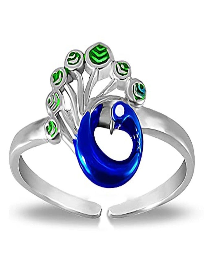Parnika Colourful Peacock Enamel Adjustable Finger Ring in Pure 92.5 Sterling Silver for Kids & Girl (Peacock) - Image 1