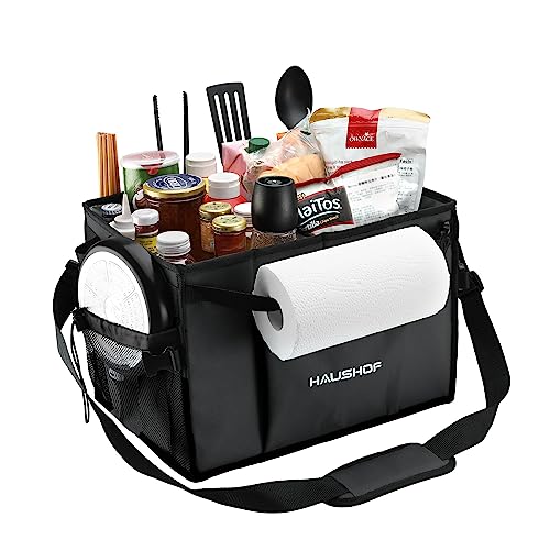 HAUSHOF Large Grill and Picnic Caddy with Paper Towel Holder, Condiment Pocket, Foldable BBQ Organizer Easy Carry Griddle Caddy for Camping, RV, Outdoor Waterproof Oxford Cloth (Black) - Image 1