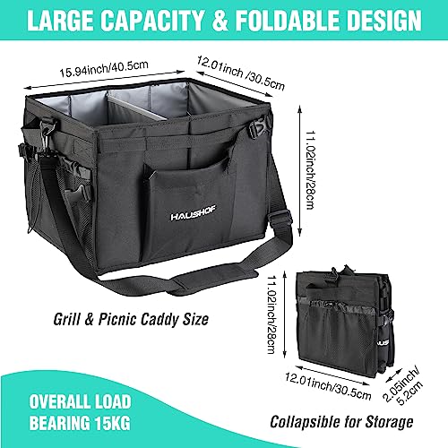 HAUSHOF Large Grill and Picnic Caddy with Paper Towel Holder, Condiment Pocket, Foldable BBQ Organizer Easy Carry Griddle Caddy for Camping, RV, Outdoor Waterproof Oxford Cloth (Black) - Image 2