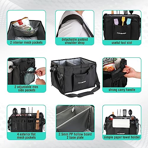 HAUSHOF Large Grill and Picnic Caddy with Paper Towel Holder, Condiment Pocket, Foldable BBQ Organizer Easy Carry Griddle Caddy for Camping, RV, Outdoor Waterproof Oxford Cloth (Black) - Image 3